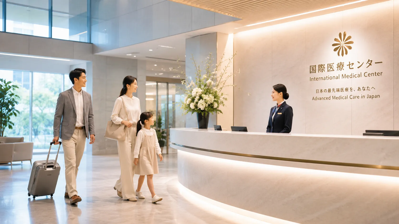 中国客户家庭抵达日本高端医疗机构大厅，专业接待人员以礼貌服务迎接，展现赴日医疗的安心与信赖