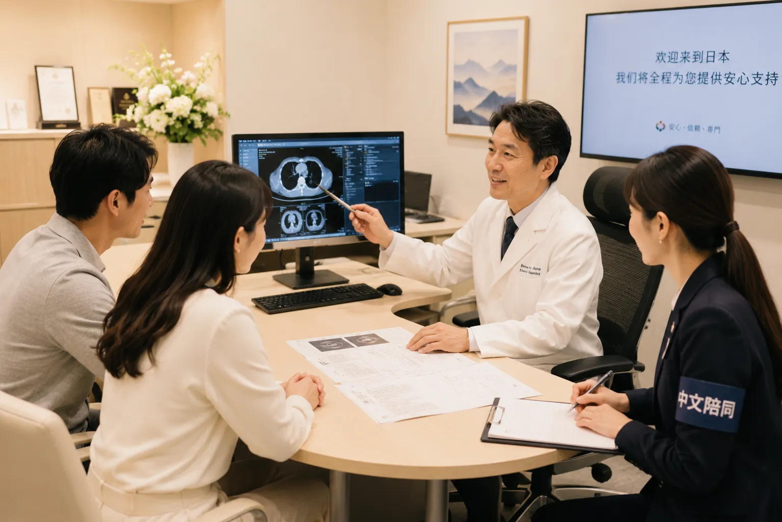 日本医生在诊室内向中国客户家庭说明检查资料，中文陪同人员在旁协助沟通，展现专业细致的赴日医疗咨询支持
