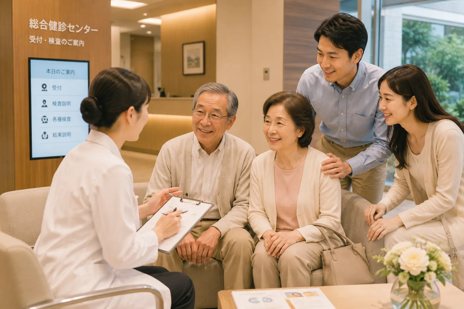 中国客户子女陪同父母在日本医疗机构接受检查前说明，医护人员温和沟通，展现家属同行、长者体检与安心赴日医疗支持