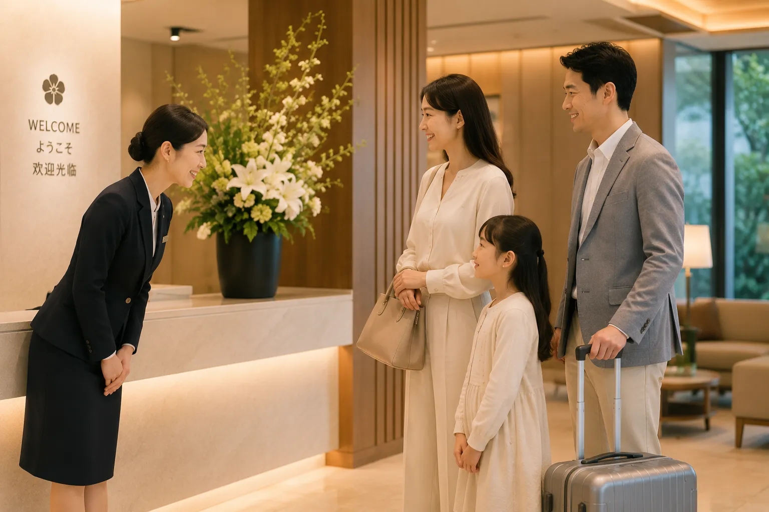 日本高端酒店或医疗接待空间中，专业工作人员以礼貌姿态迎接中国客户家庭，体现日本式细致服务与安心支持